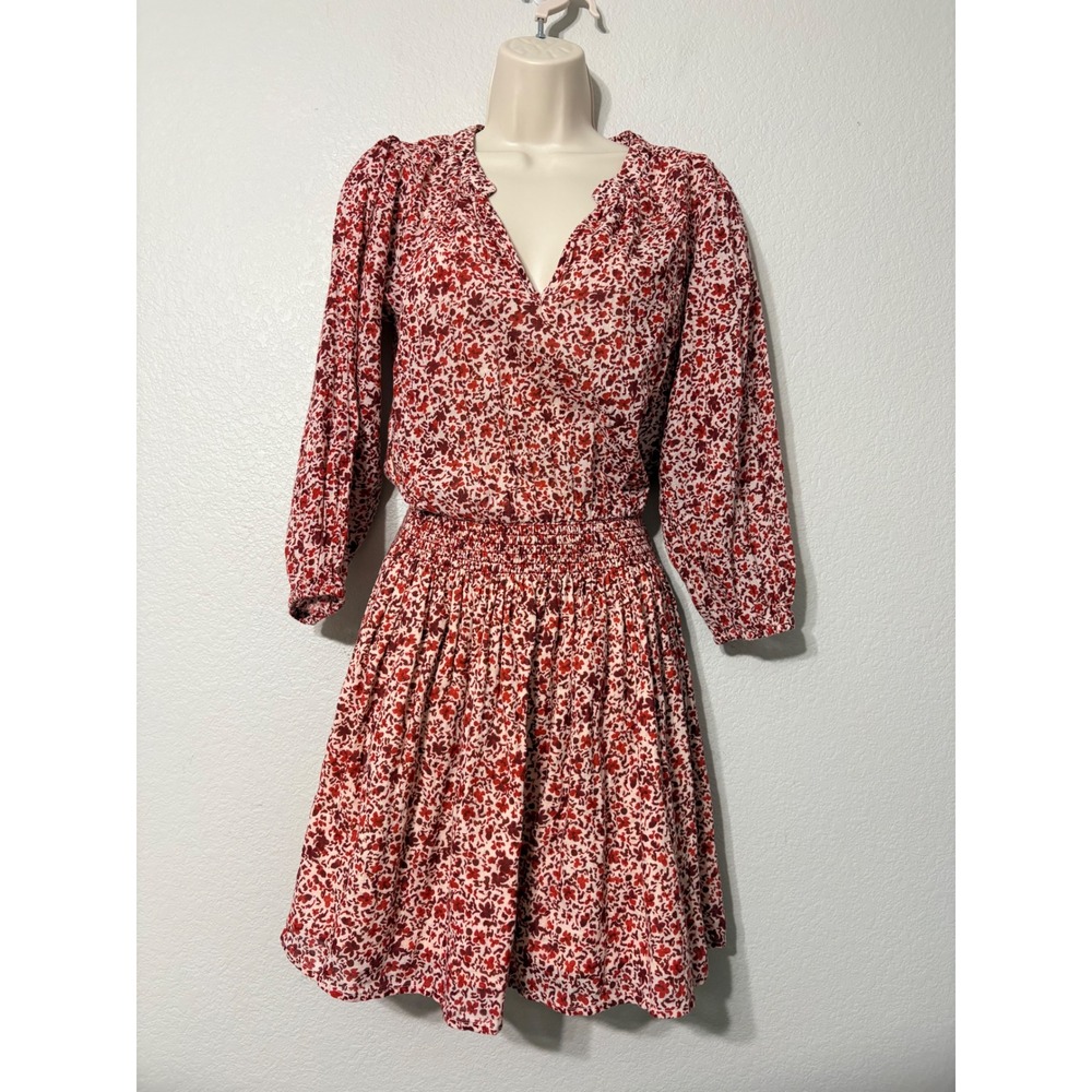 Sundry for Evereve Red Floral Smocked Waist Cotton Mini Dress Size 1 = 4-6/S